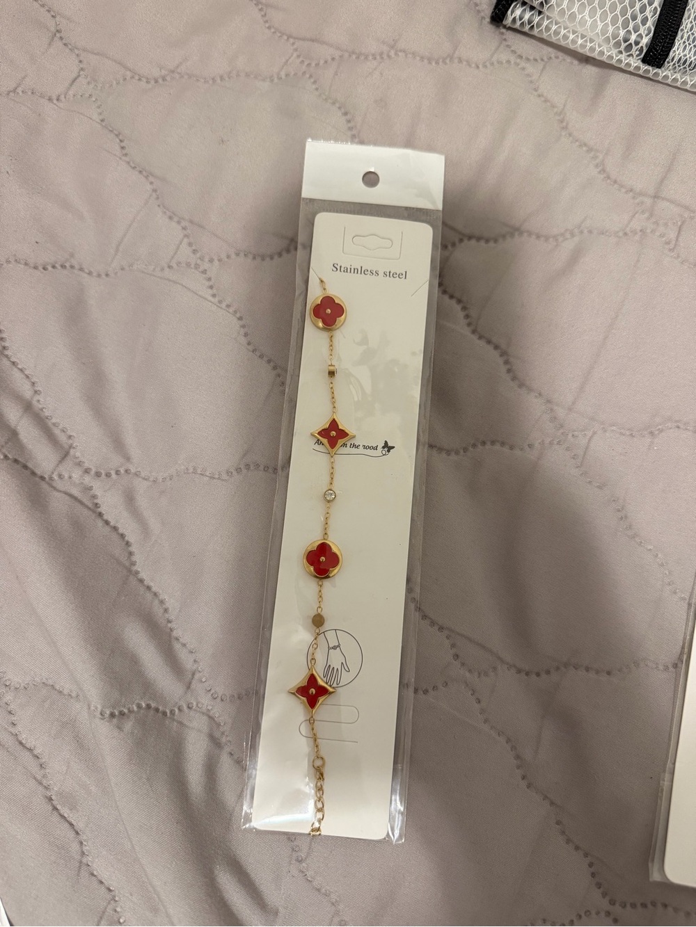 Gold-Tone Red Floral Charm Bracelet - Stainless Steel